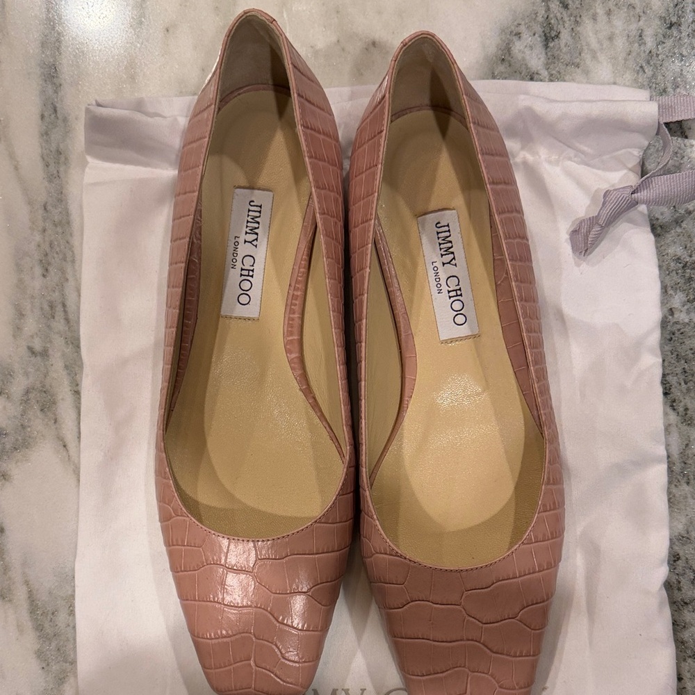 Jimmy Choo Blush Pink Croc-Embossed Leather Flats - Picture 2 of 4